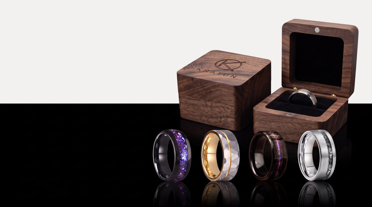 Four Kratun tungsten rings with the walnut gift boxes