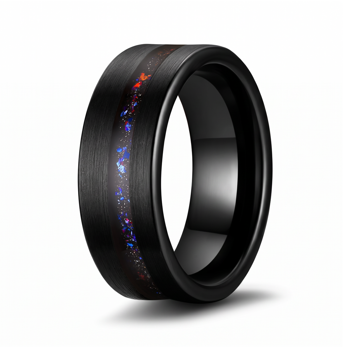 The Aurora black sandblasted tungsten ring with opal inlay center groove