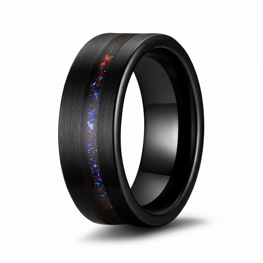 The Aurora black sandblasted tungsten ring with opal inlay center groove