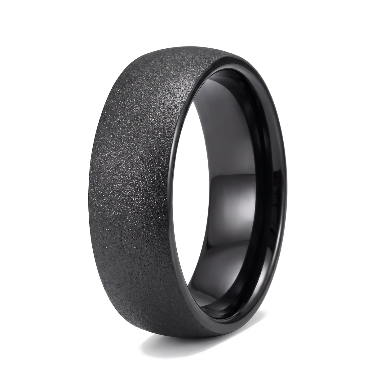 The Basalt black sandblasted domed tungsten ring on a white background