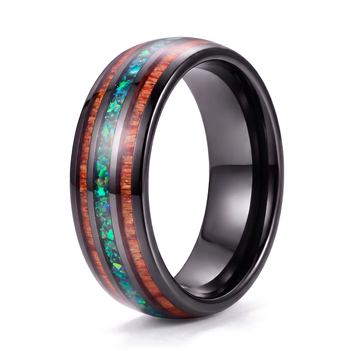 The Canopy black polished tungsten ring with green opal and koa wood inlays on a white background