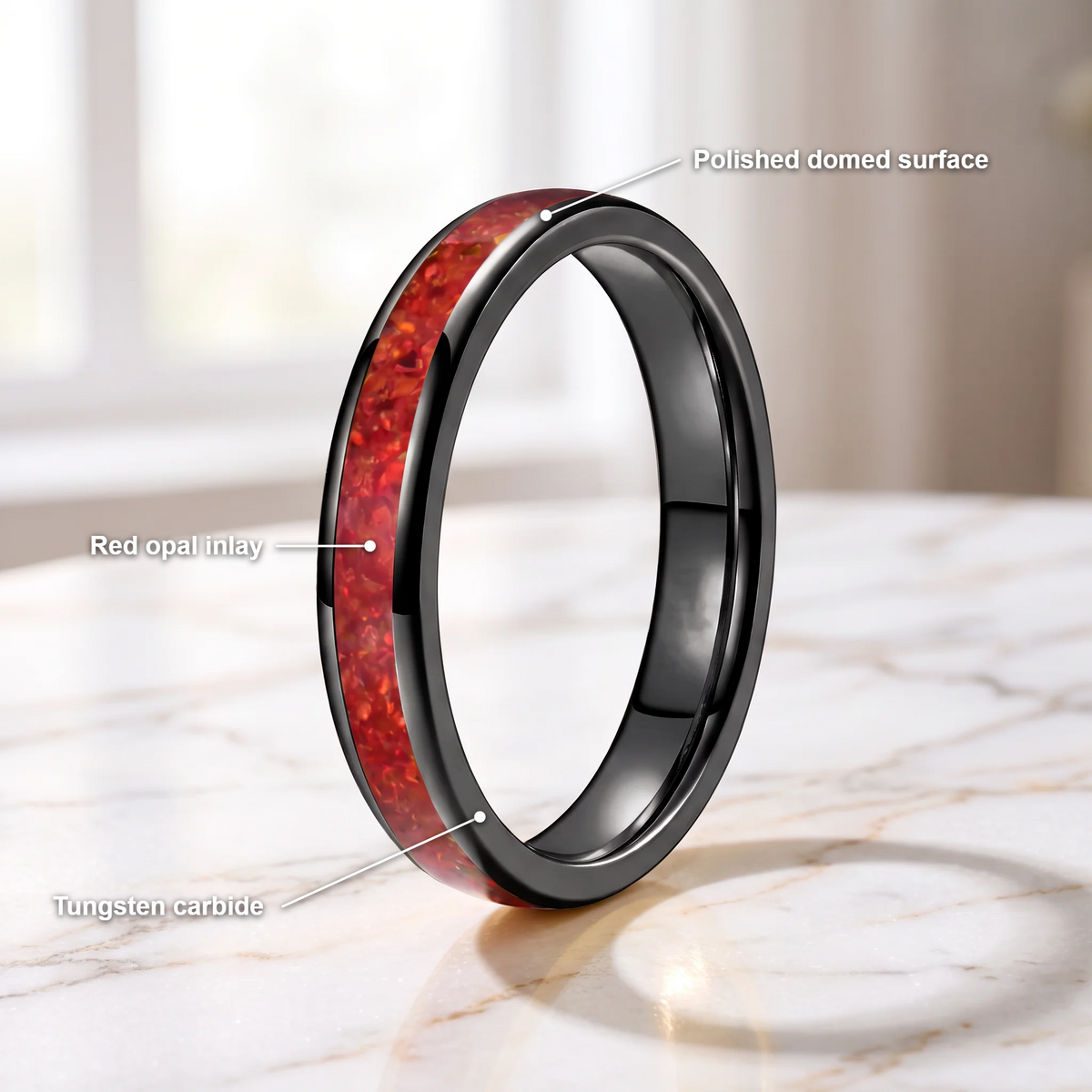 The Cinder black tungsten ring with a red opal inlay and feature callouts