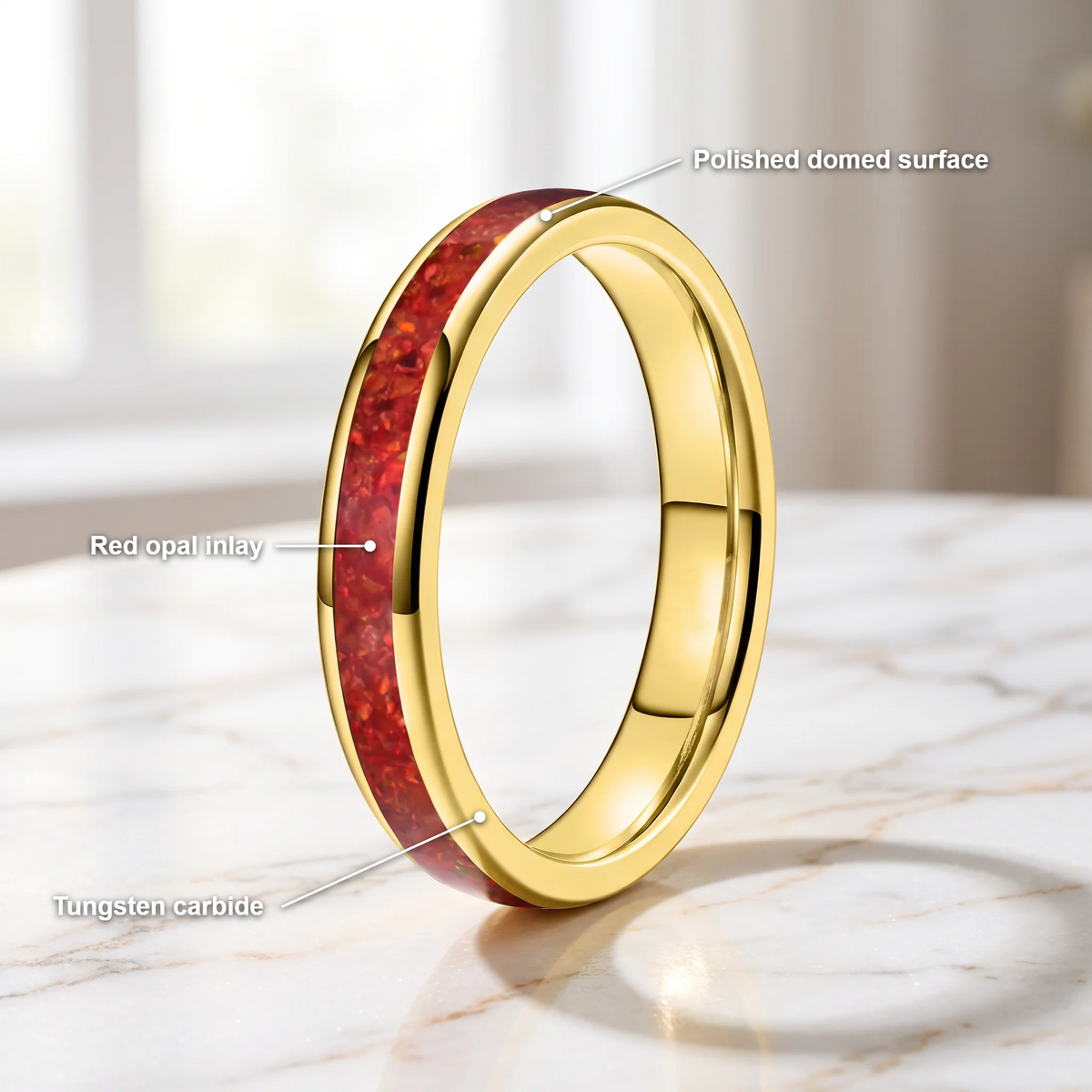 The Cinder gold color tungsten ring with a red opal inlay and feature callouts