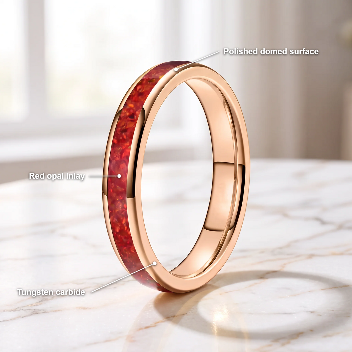 The Cinder rose color tungsten ring with a red opal inlay and feature callouts