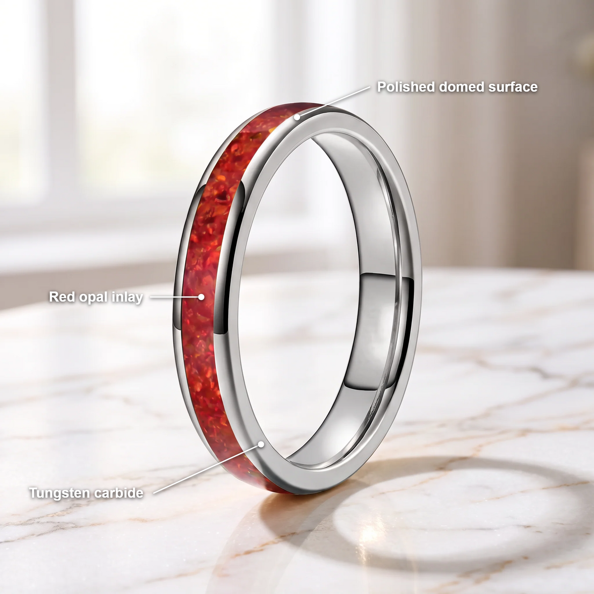 The Cinder silver color tungsten ring with a red opal inlay and feature callouts