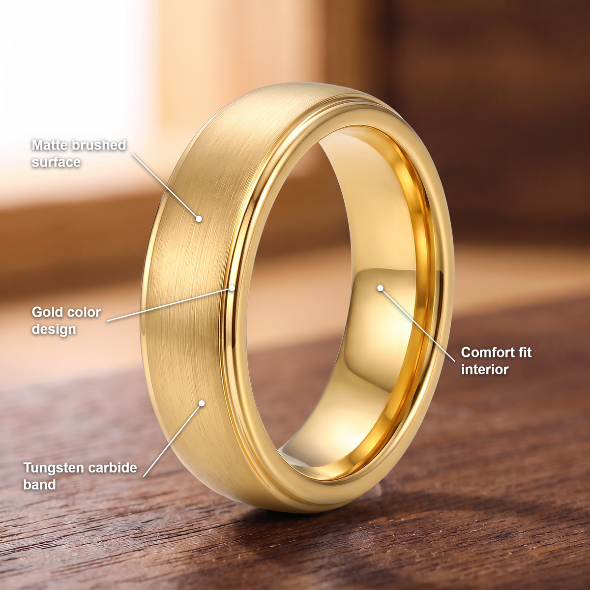 The Corona gold color tungsten ring with feature callouts