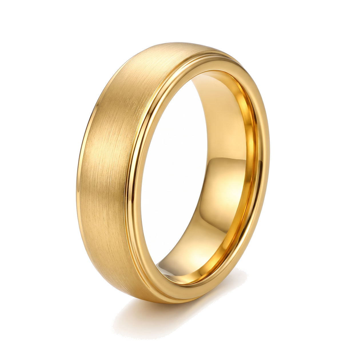 The Corona gold color tungsten ring with a matte brushed surface, on a white background