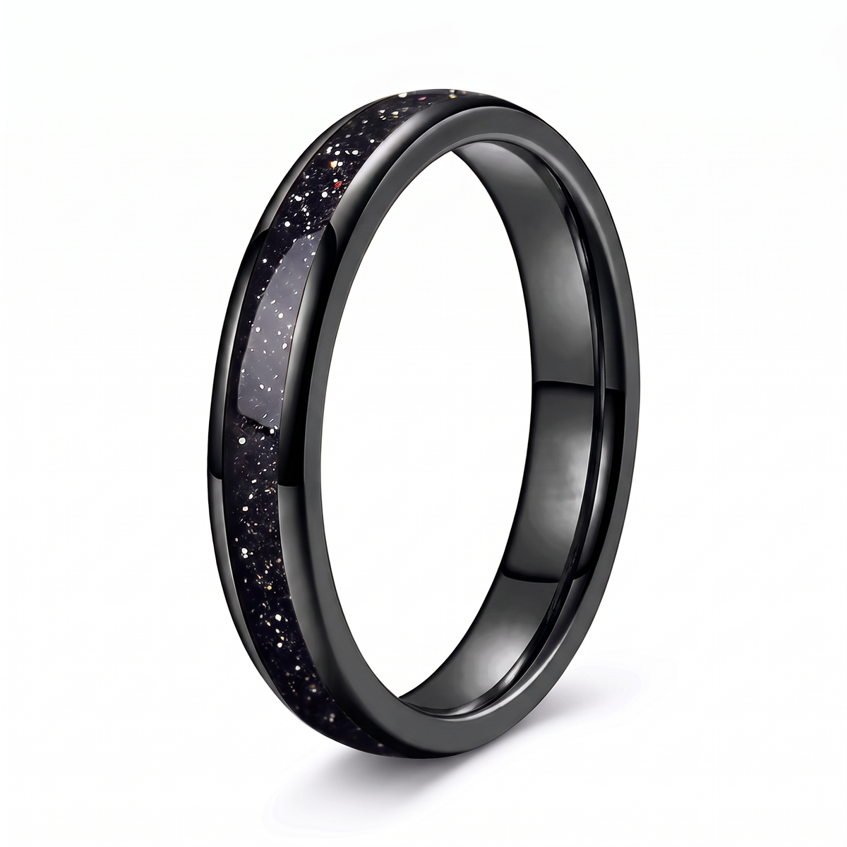 The Vega black tungsten ring with a galaxy opal inlay, on a white background