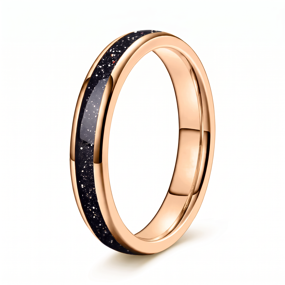 The Vega rose color tungsten ring with a galaxy opal inlay, on a white background