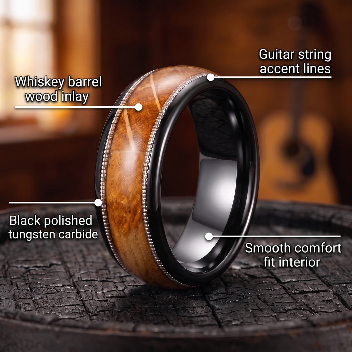 The Encore black tungsten ring with whiskey barrel wood and guitar string inlay with feature callouts