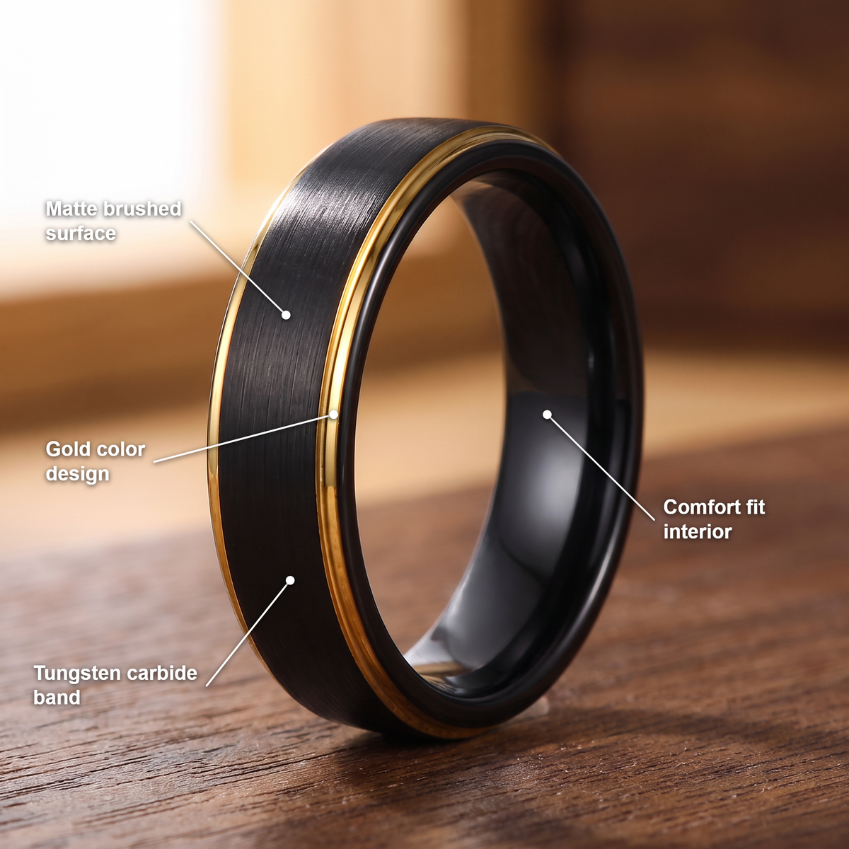 The Corona black tungsten ring with feature callouts