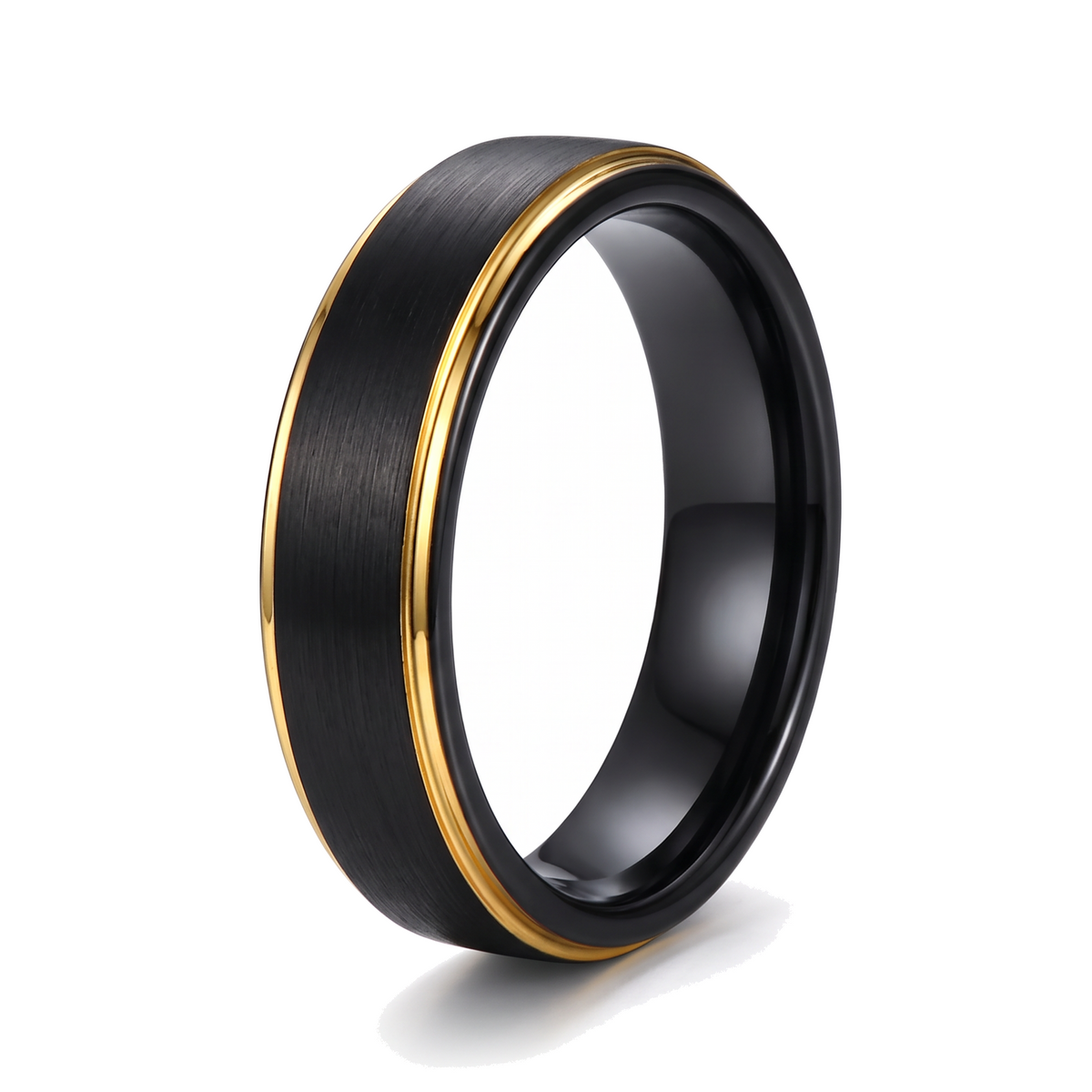 The Corona black tungsten ring with a matte brushed surface and a thin metallic line, on a white background