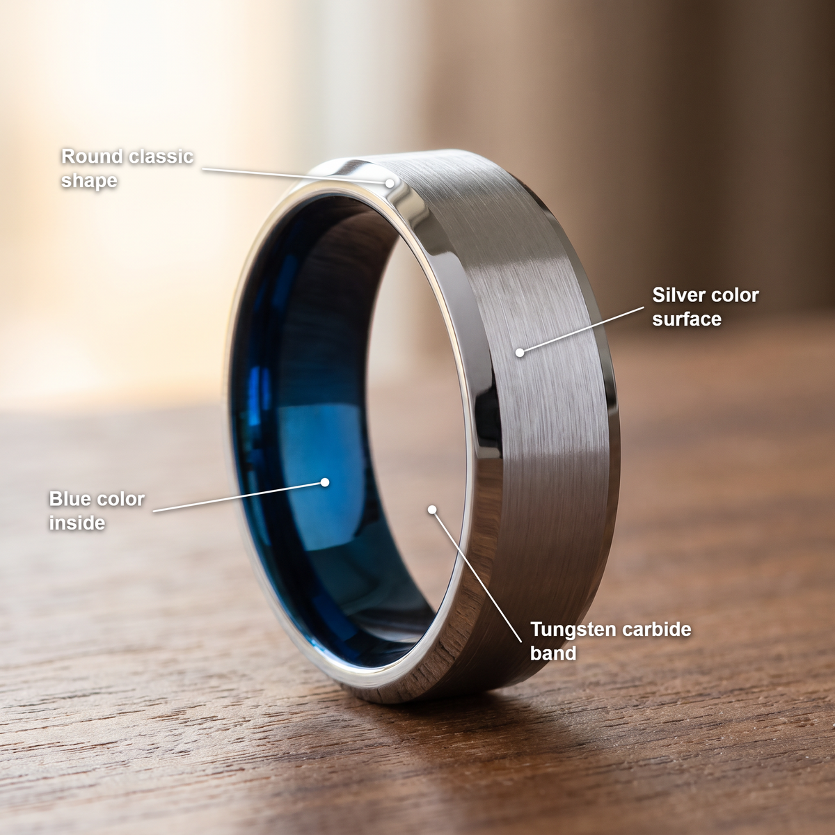 The Fathom 8mm ring materials: silver color surface, blue color inside, tungsten carbide band and round classic shape