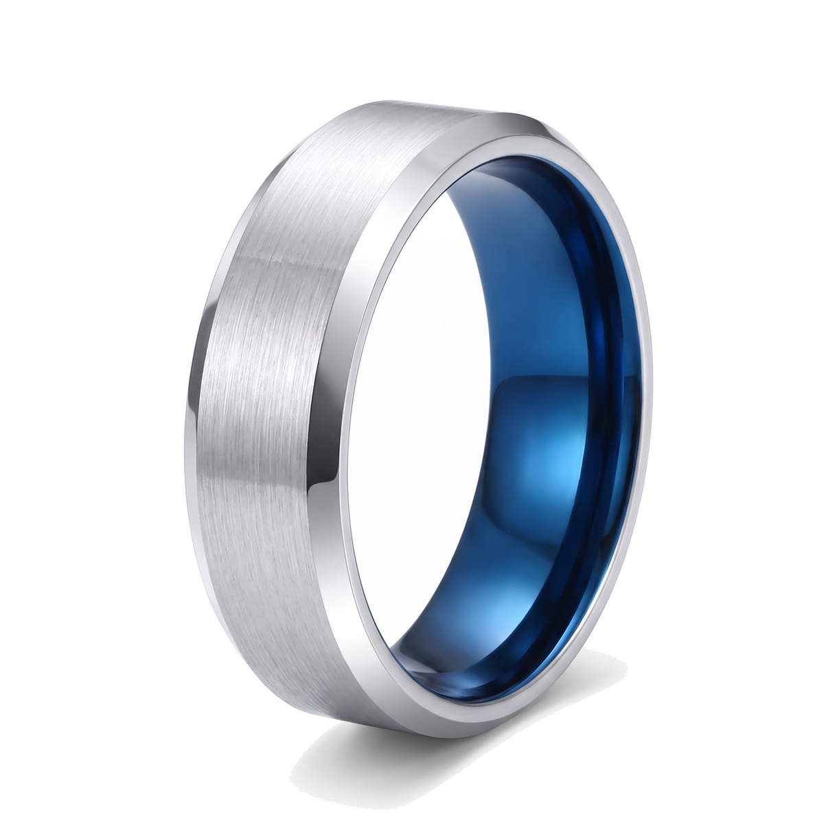 The Fathom 8mm silver tungsten ring with a brushed surface, polished beveled edges and a blue inside, on a white background