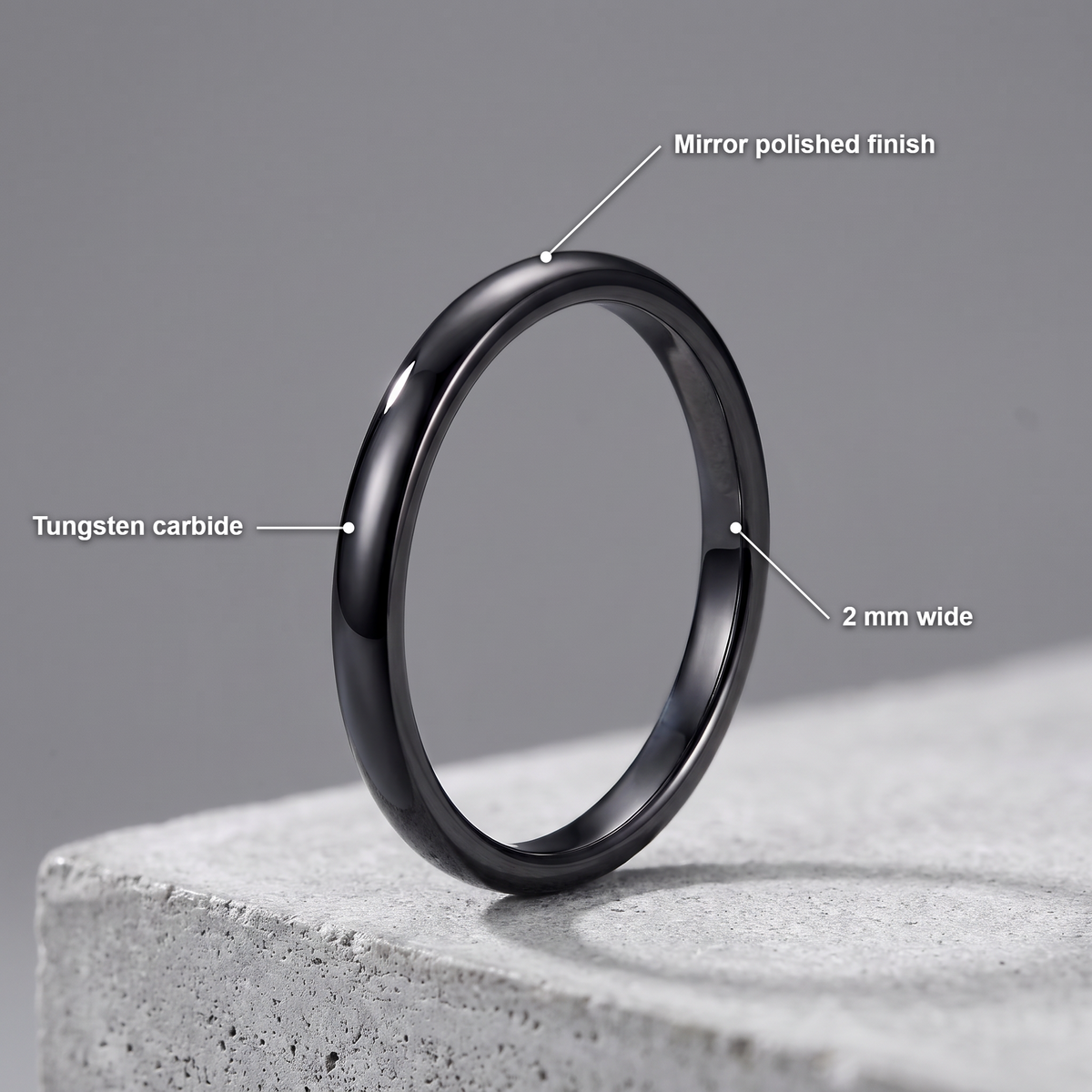 The Filament black tungsten ring with feature callouts