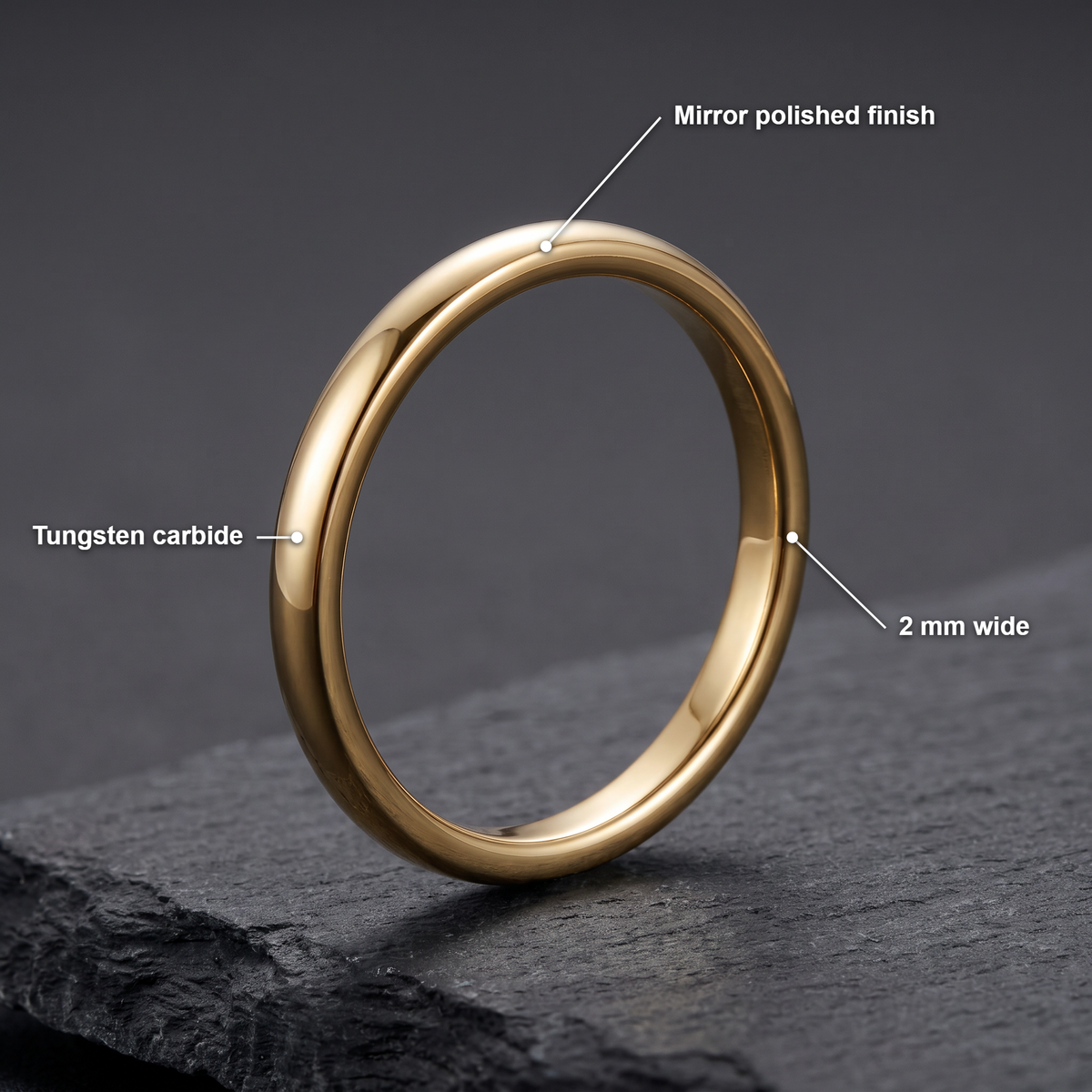 The Filament gold color tungsten ring with feature callouts