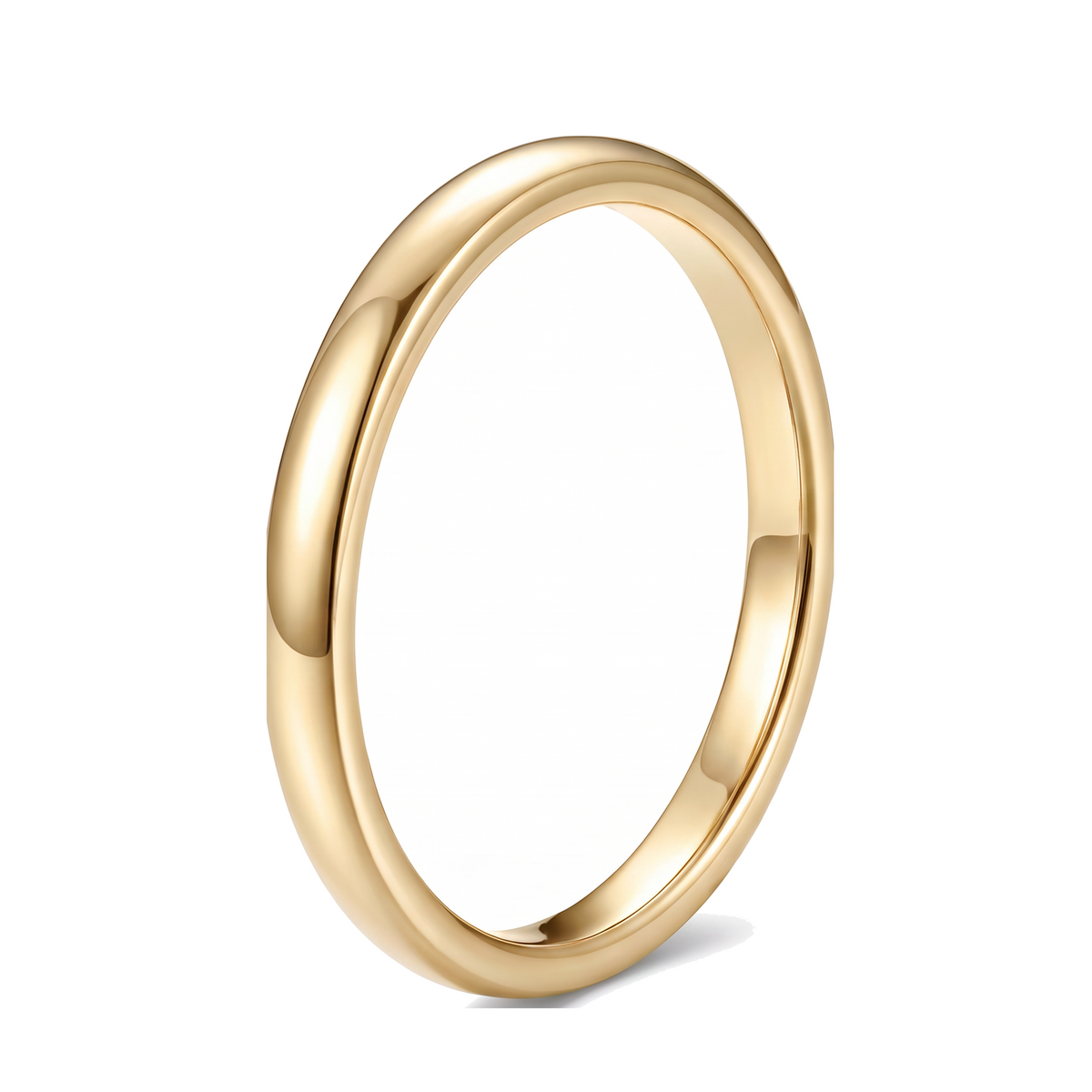 The Filament gold color tungsten ring, thin polished band, on a white background