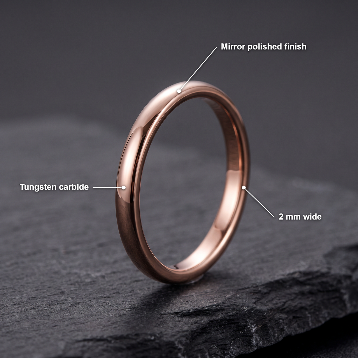The Filament rose color tungsten ring with feature callouts