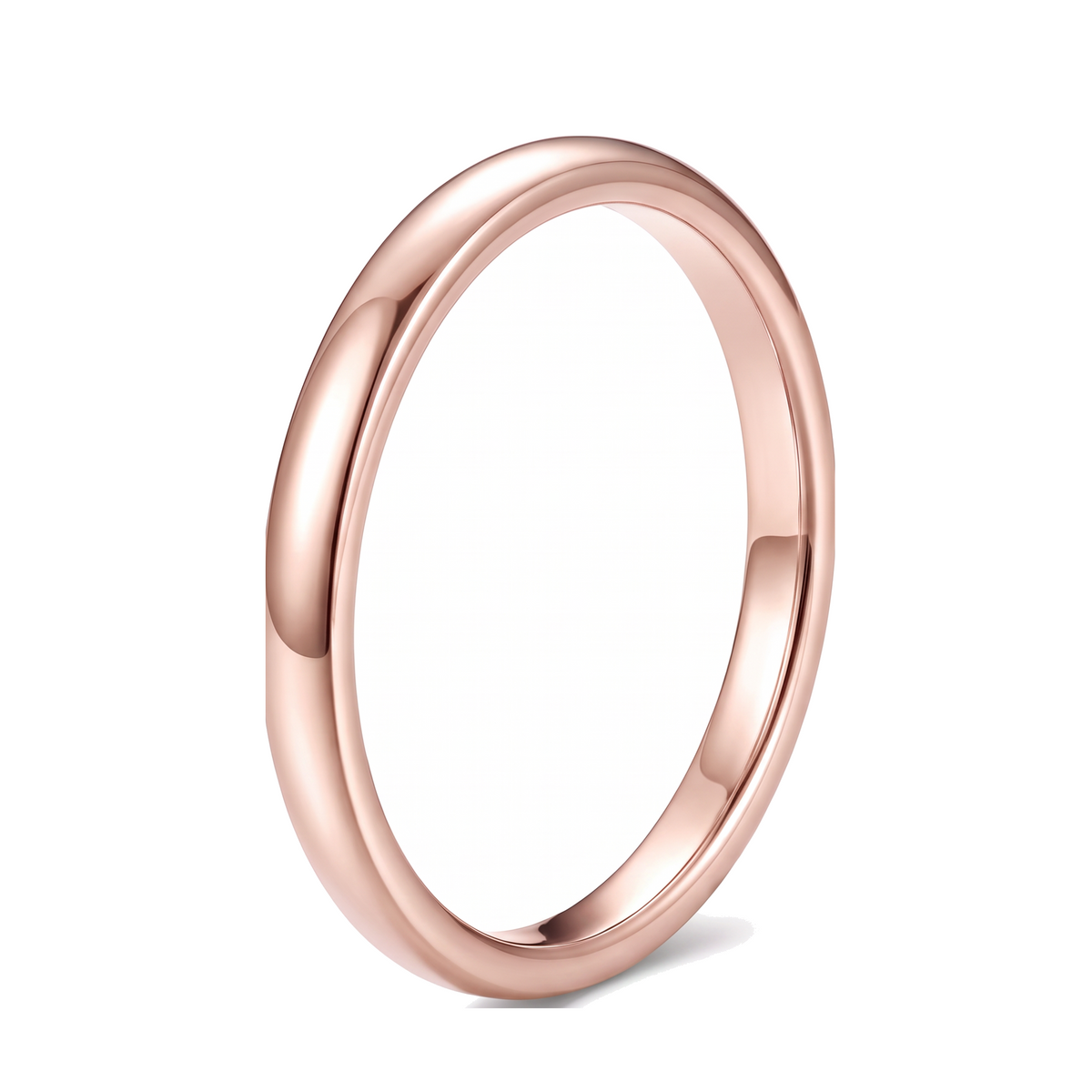 The Filament rose color tungsten ring, thin polished band, on a white background