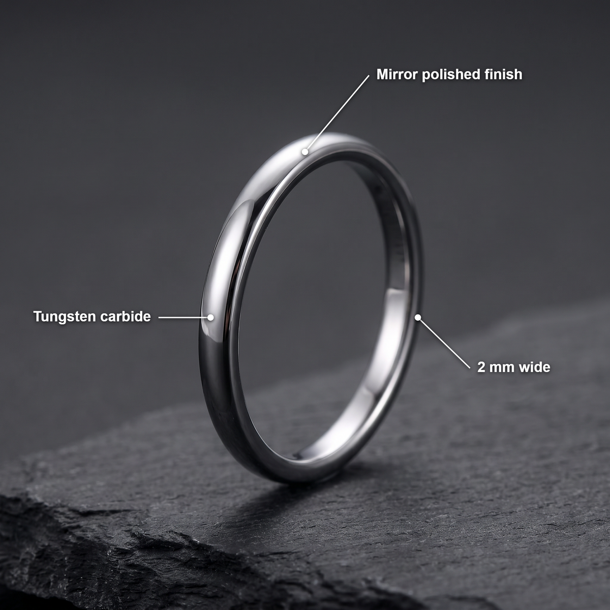The Filament silver tungsten ring with feature callouts