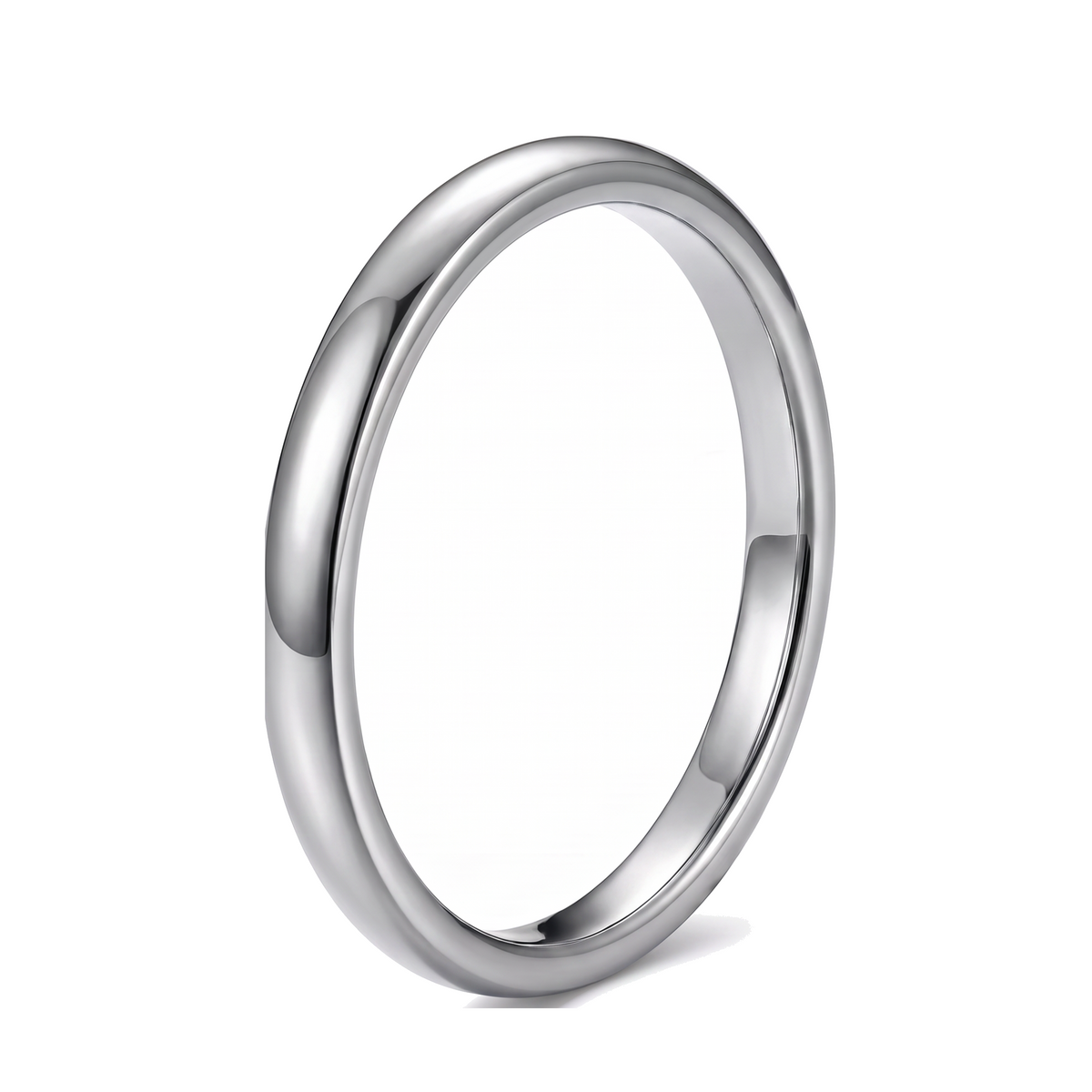 The Filament silver tungsten ring, thin polished band, on a white background