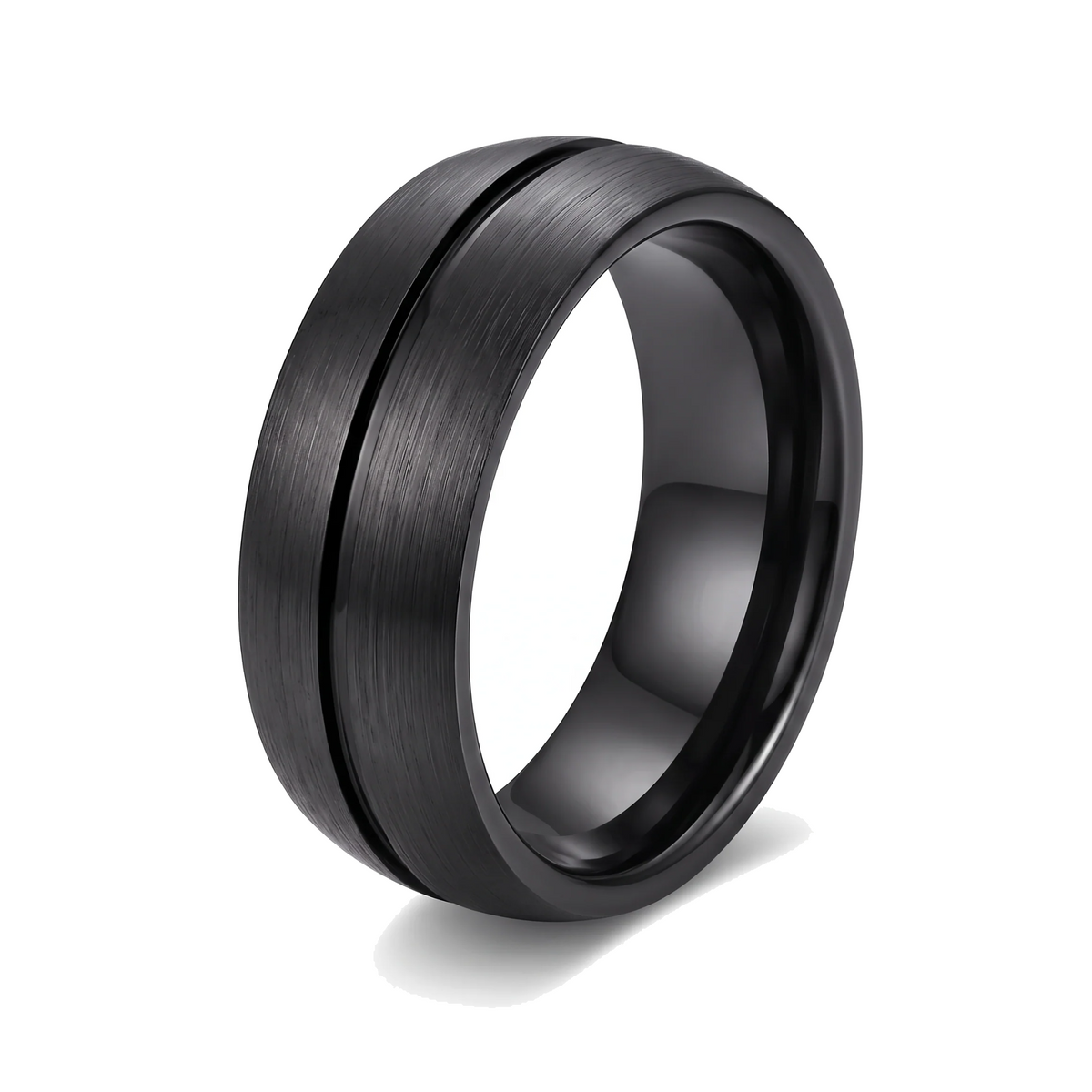 The Furrow black brushed tungsten ring with a groove on a white background