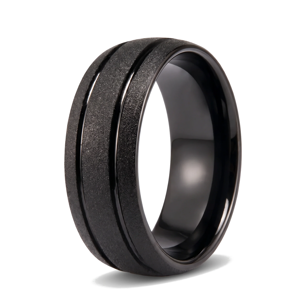The Granite sandblasted domed black tungsten ring with two grooves on a white background