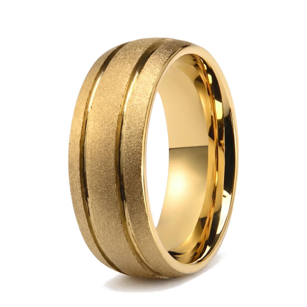 The Granite sandblasted domed gold tungsten ring with two grooves on a white background