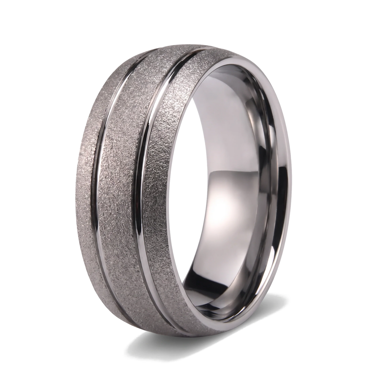 The Granite sandblasted domed silver tungsten ring with two grooves on a white background