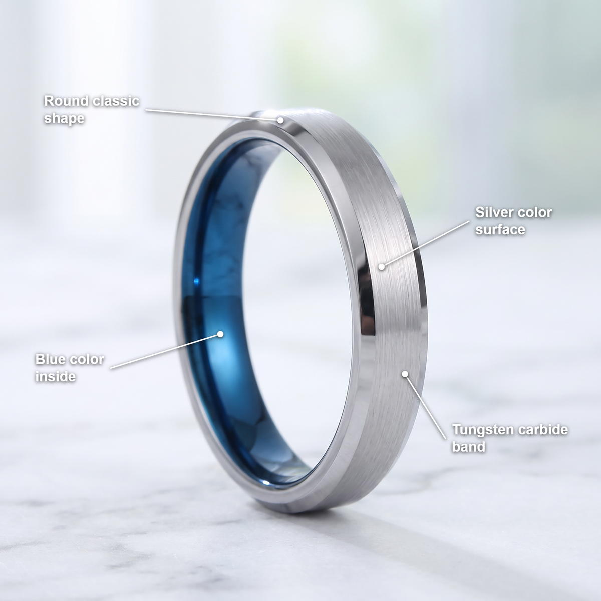 The Halcyon ring materials: silver color surface, blue color inside, tungsten carbide band and round classic shape