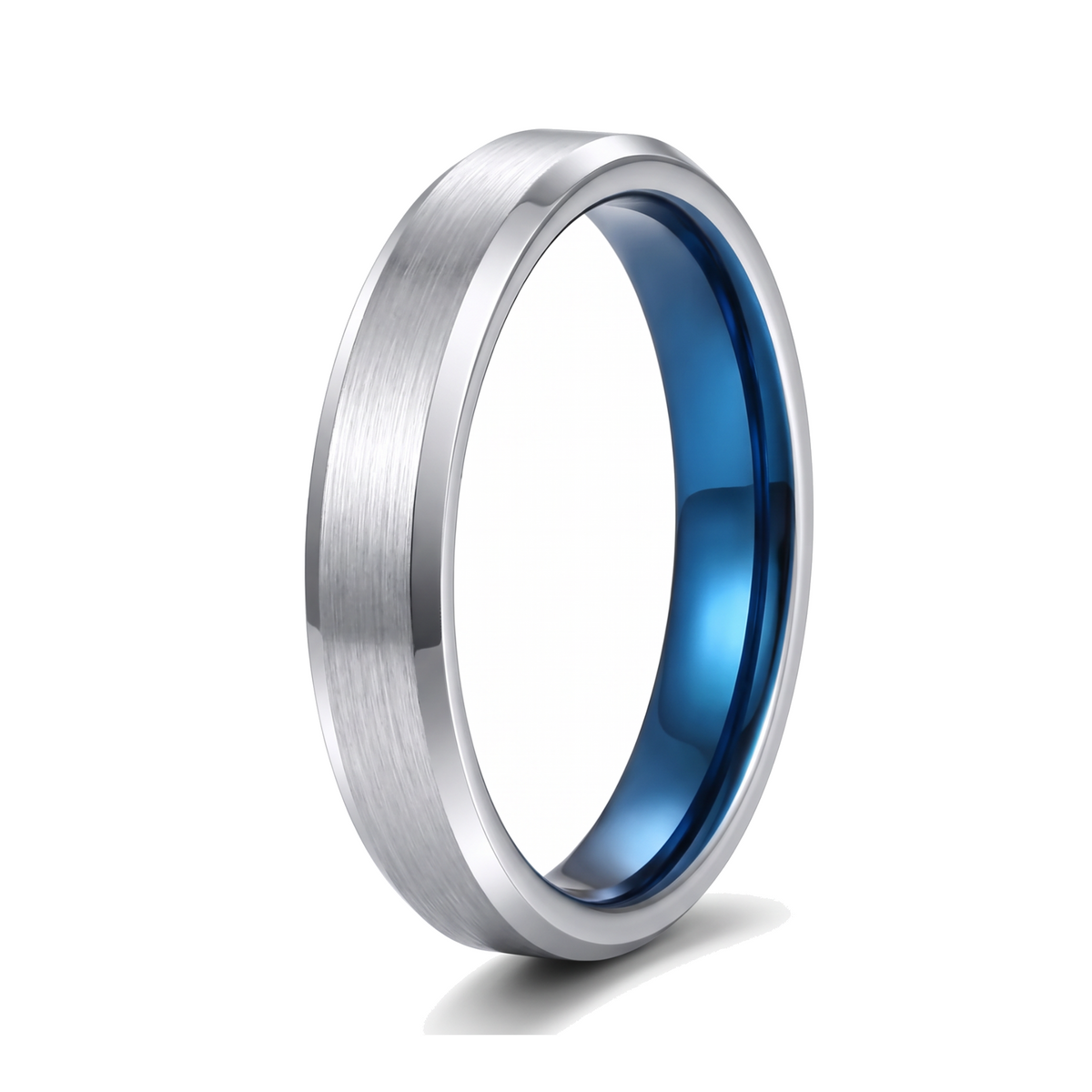 The Halcyon slim silver tungsten ring with a brushed surface, polished beveled edges and a blue inside, on a white background