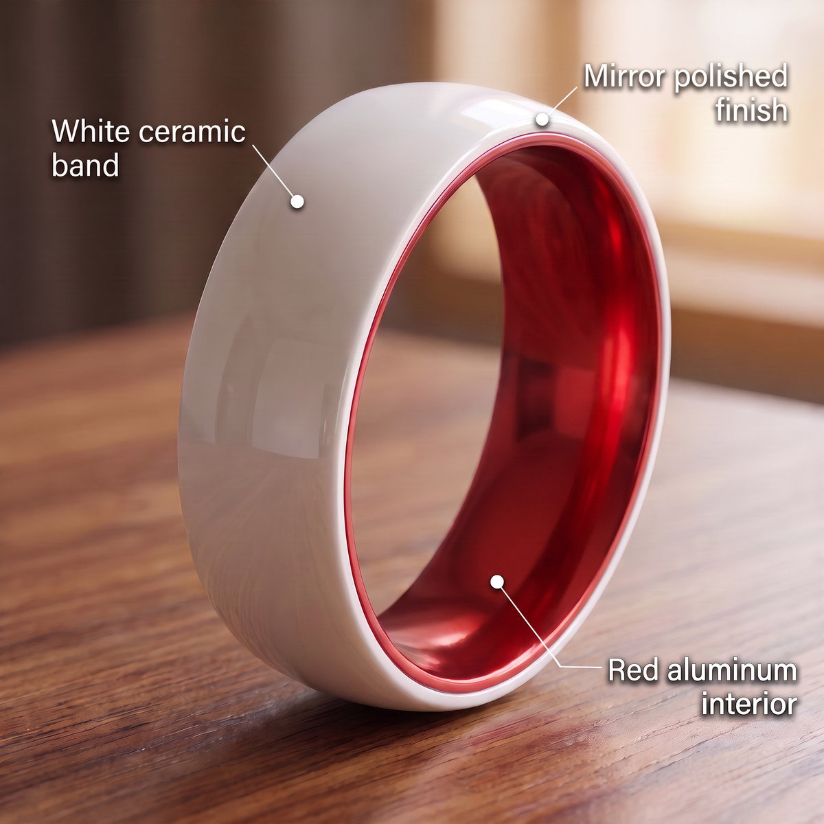 White ceramic band, red aluminum interior and mirror polished finish callouts