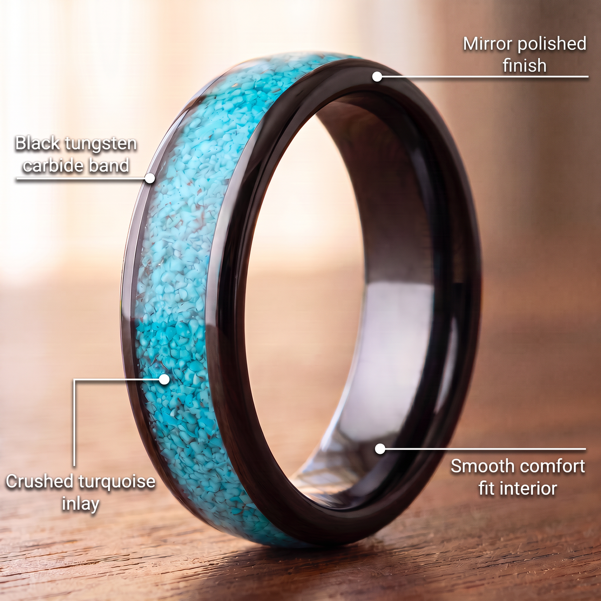 The Lagoon ring features: black tungsten carbide band, crushed turquoise inlay, mirror polished finish, smooth comfort fit interior
