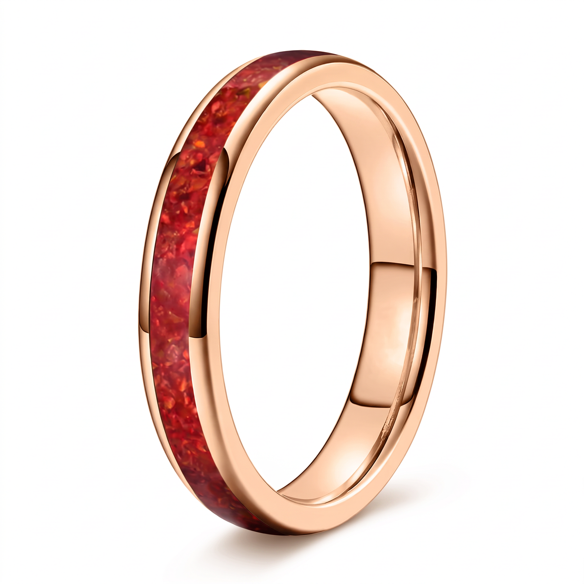 The Cinder rose color tungsten ring with a red opal inlay, on a white background