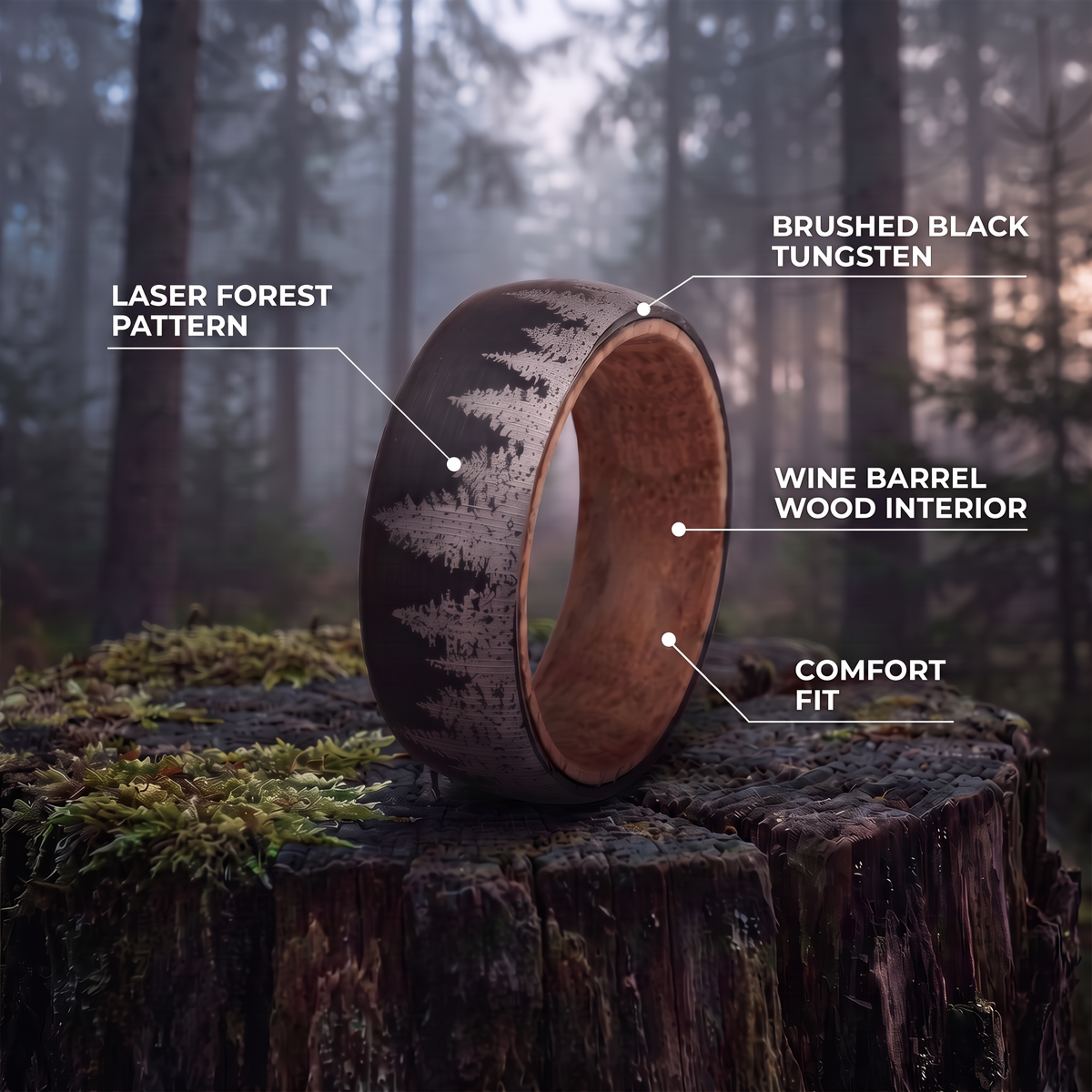 The Timberline ring on a mossy forest stump with callouts for laser forest pattern, brushed black tungsten, wine barrel wood interior and comfort fit