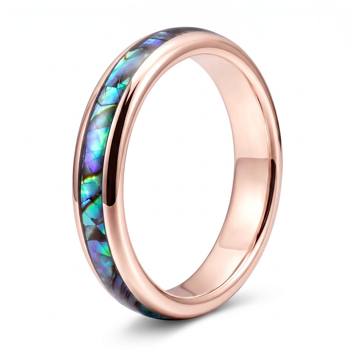 The Iris rose color tungsten ring with an abalone shell inlay, on a white background