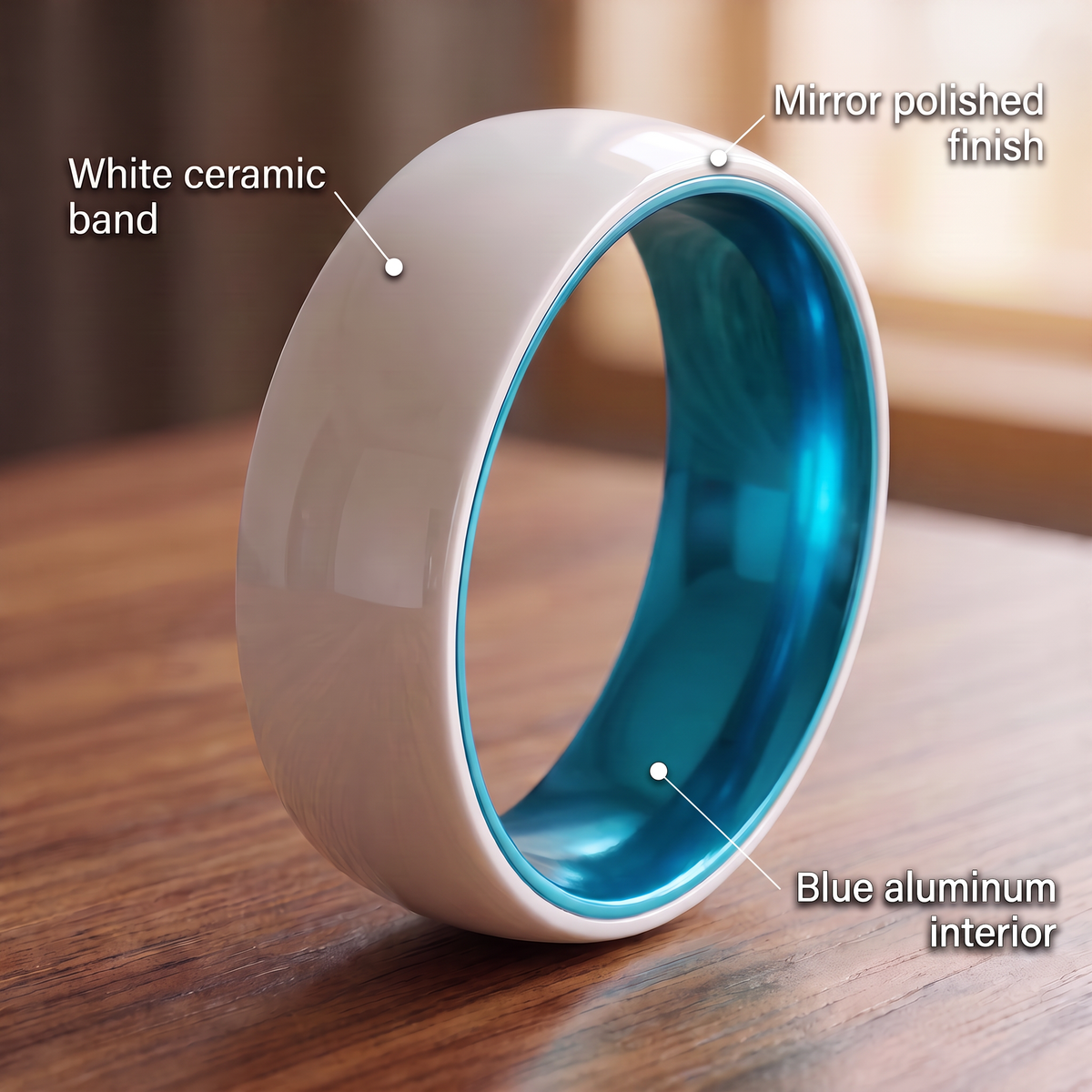 White ceramic band, blue aluminum interior and mirror polished finish callouts