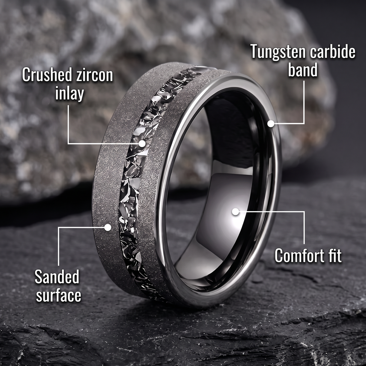 The Shard tungsten ring with feature callouts