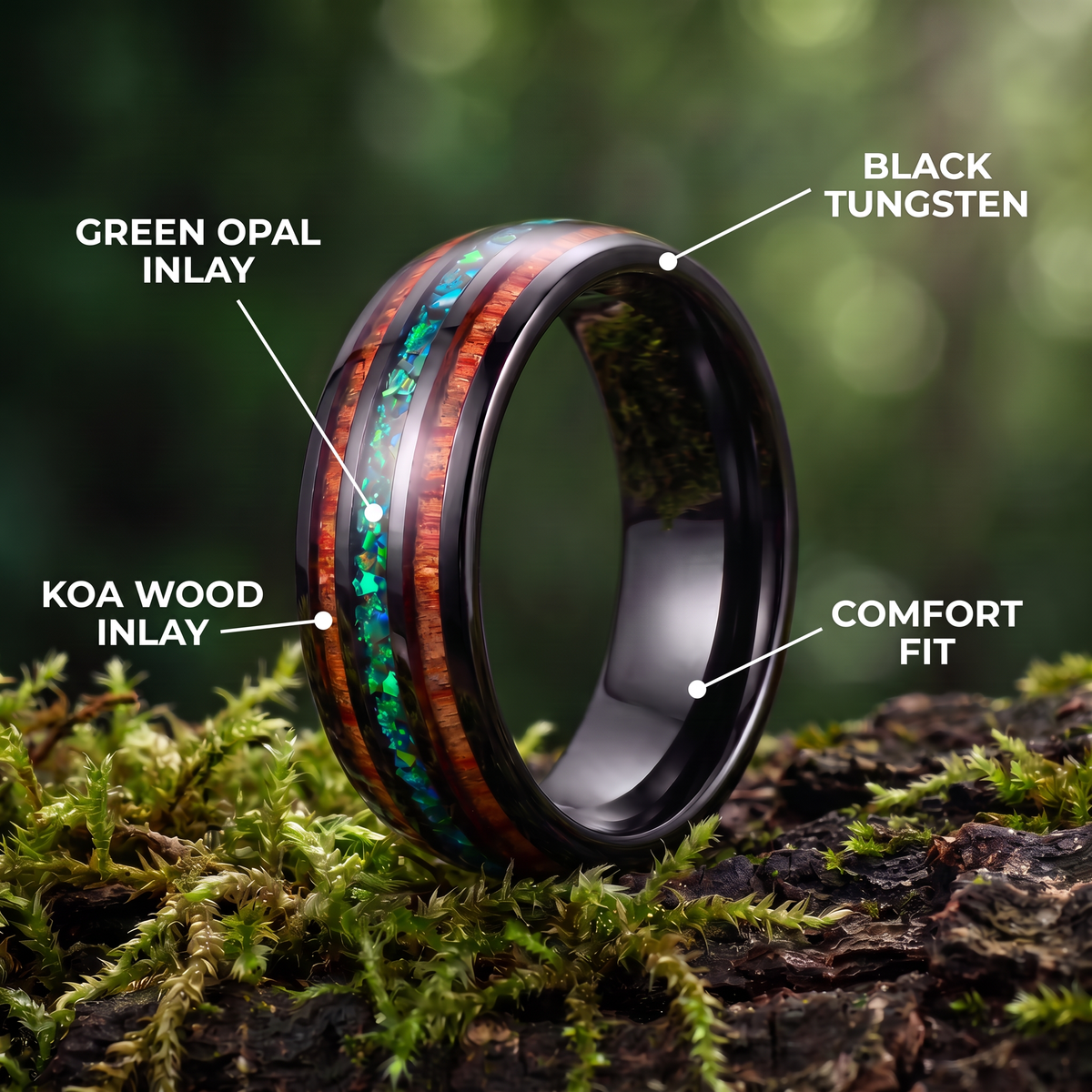 The Canopy ring on a mossy log with callouts for green opal inlay, koa wood inlay, black tungsten and comfort fit