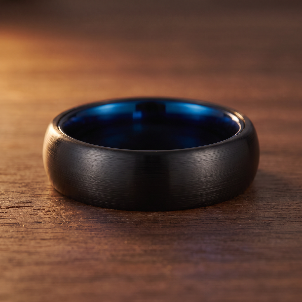The Lantern brushed black tungsten ring with a blue aluminum interior lying flat on dark walnut wood