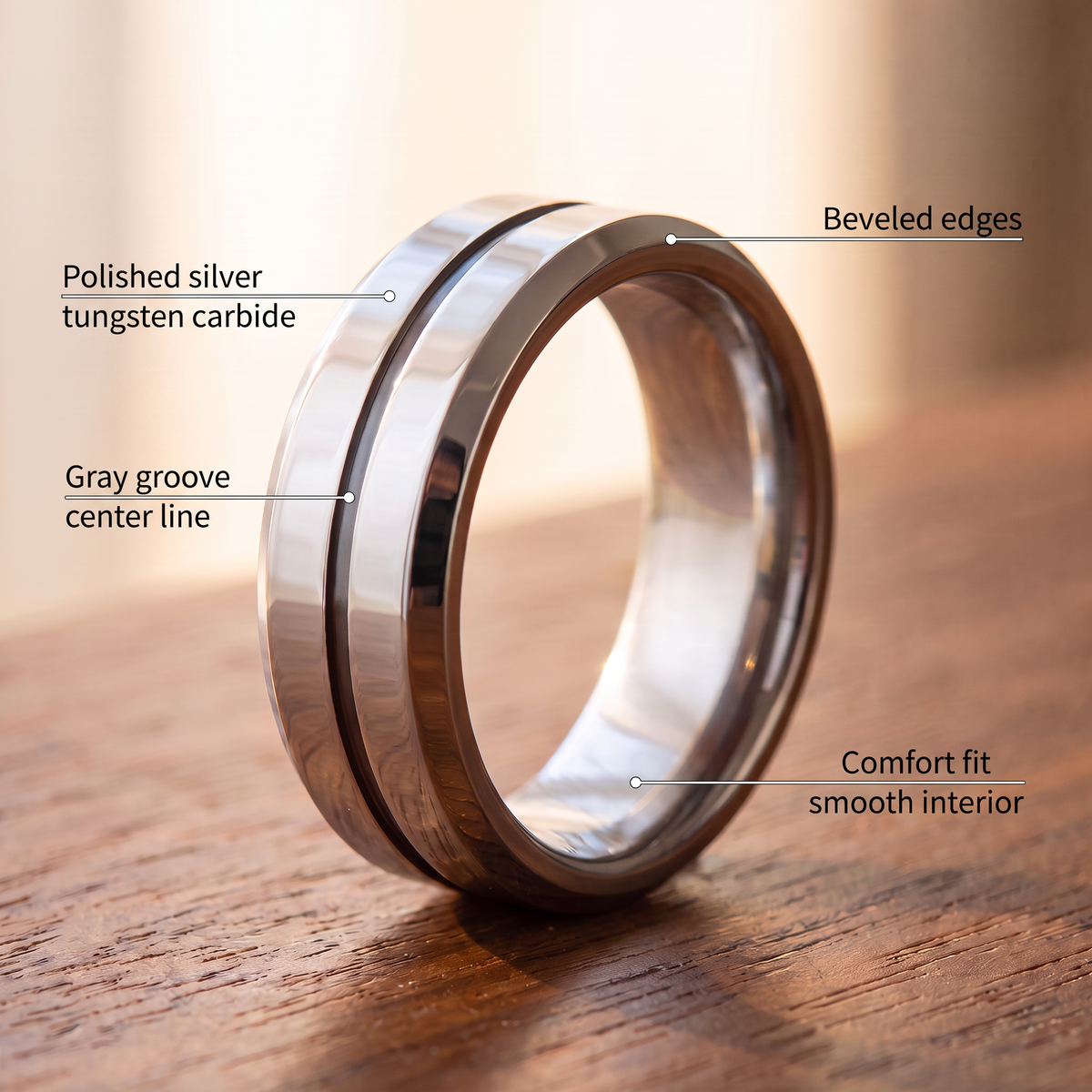 The Meridian ring materials: polished silver tungsten carbide, gray groove center line, beveled edges, comfort fit smooth interior