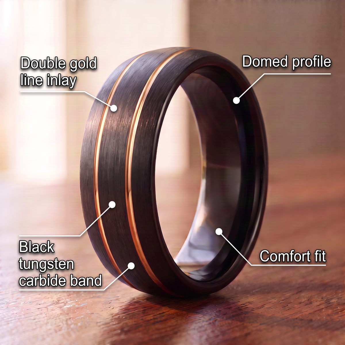 The Riptide black tungsten ring with a double gold line inlay and feature callouts