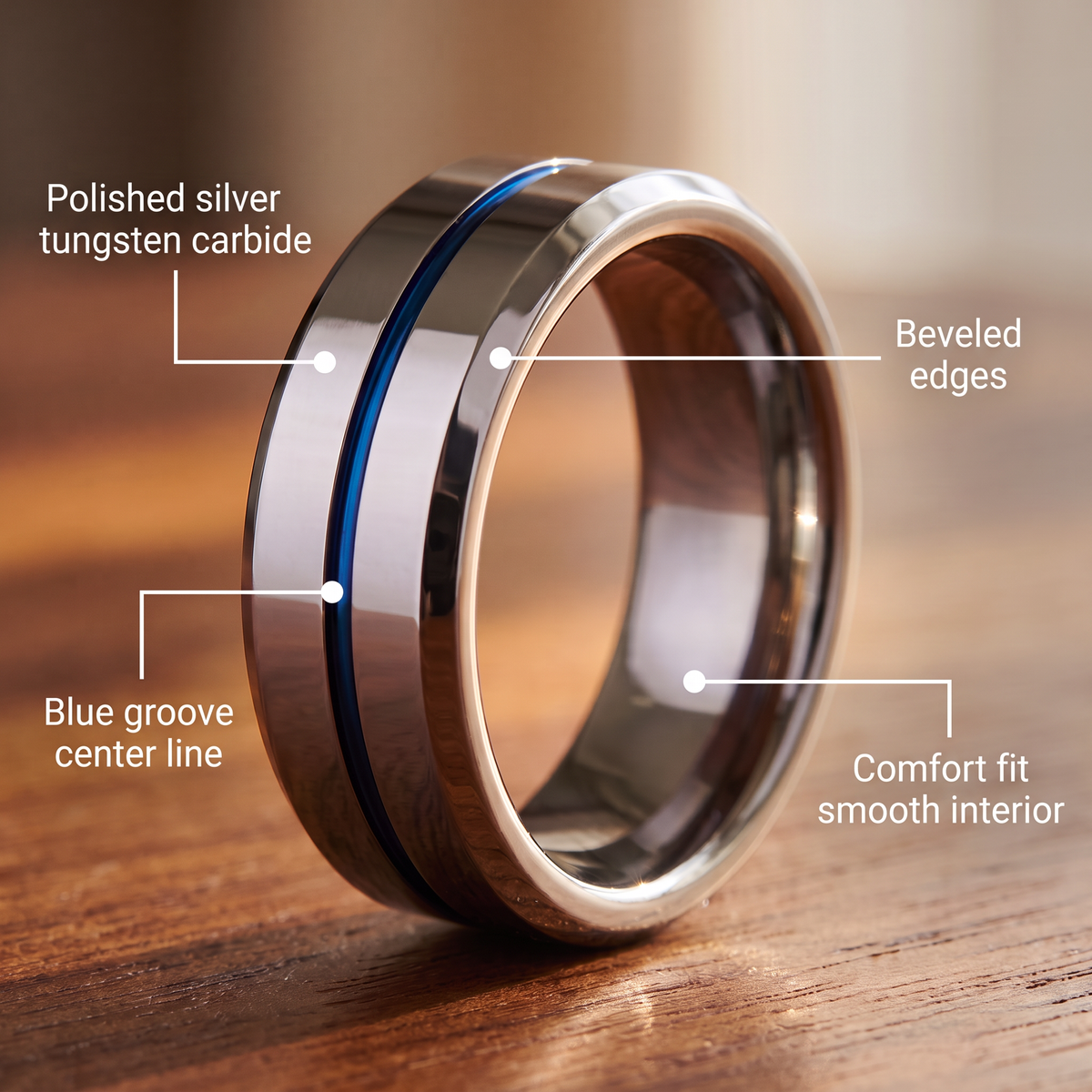 The Meridian ring materials: polished silver tungsten carbide, blue groove center line, beveled edges, comfort fit smooth interior