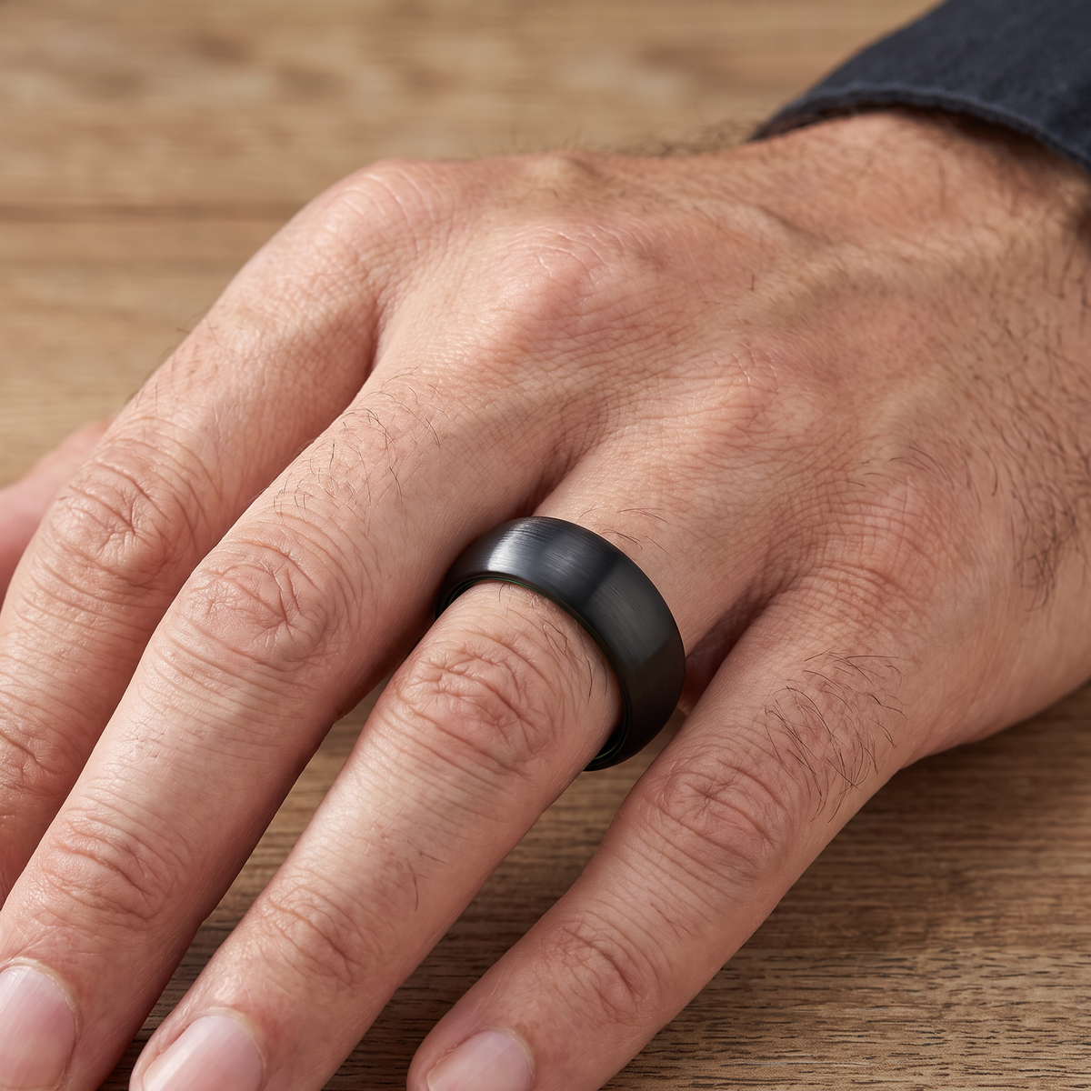 Close up of a man's hand wearing The Lantern brushed black tungsten ring with a green aluminum interior