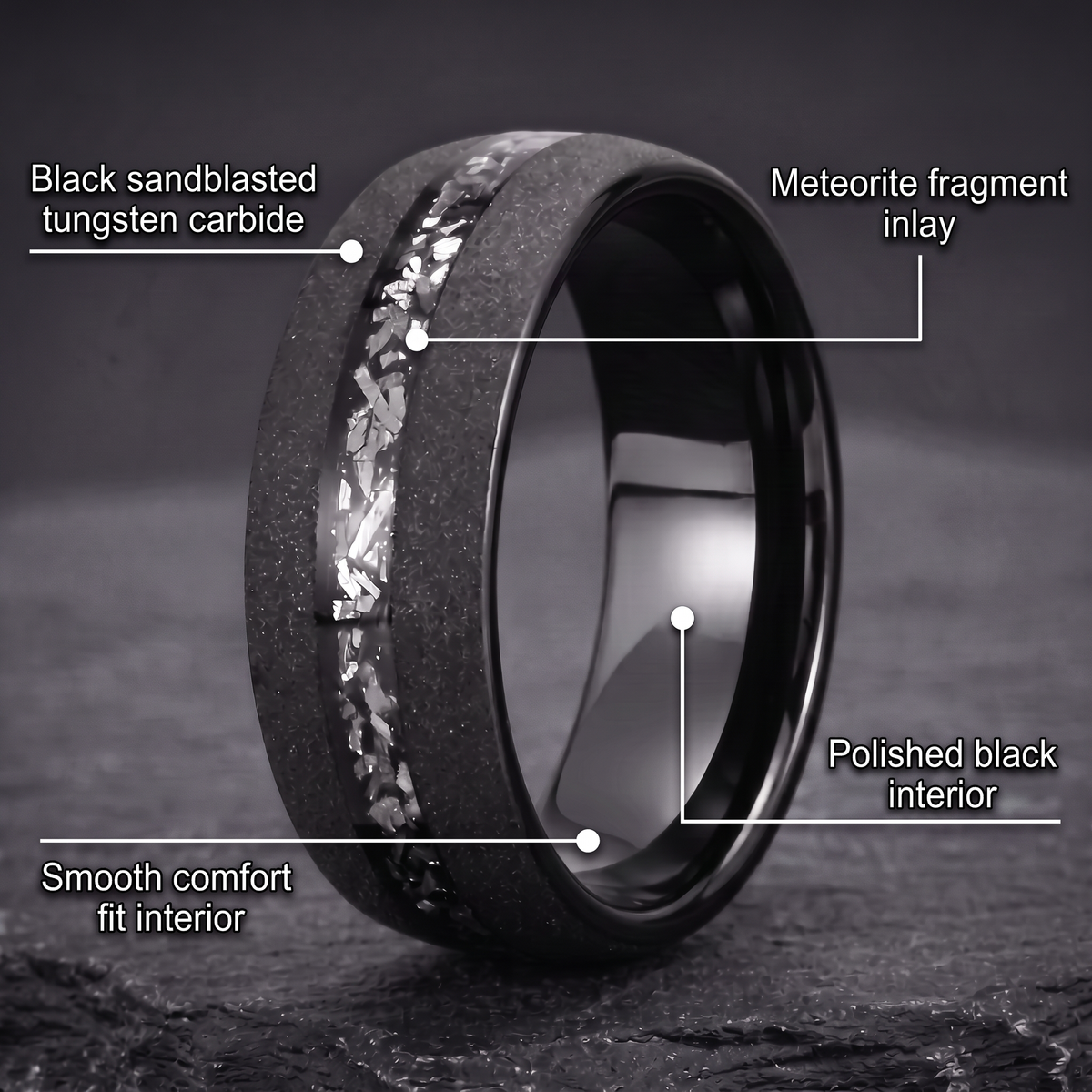 The Stardust black sandblasted tungsten ring with meteorite inlay with feature callouts