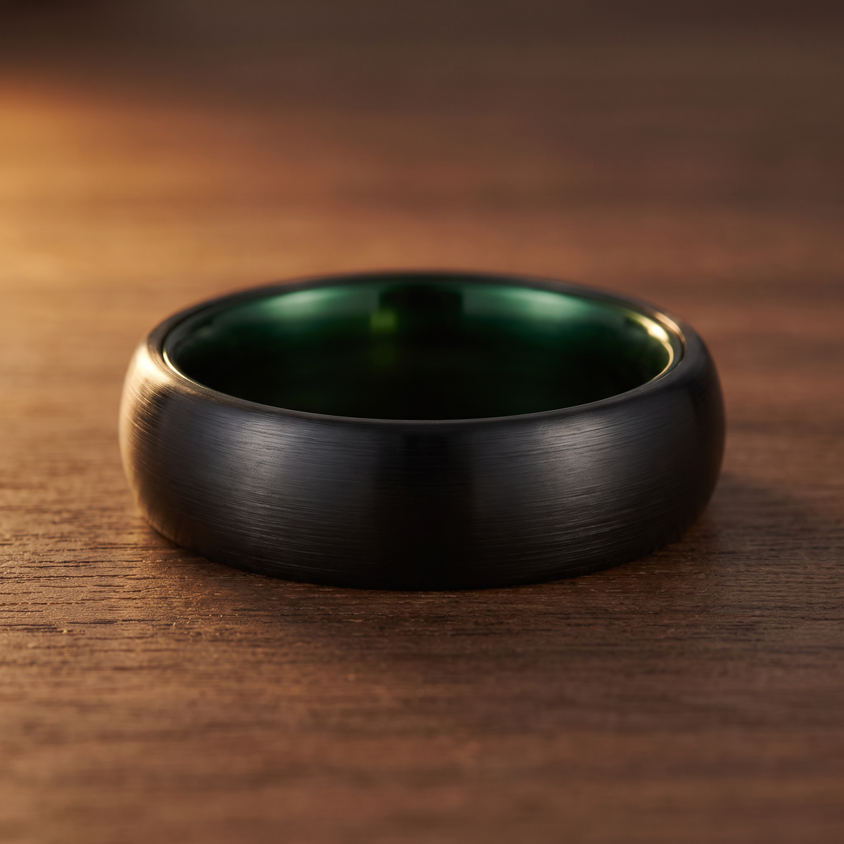The Lantern brushed black tungsten ring with a green aluminum interior lying flat on dark walnut wood