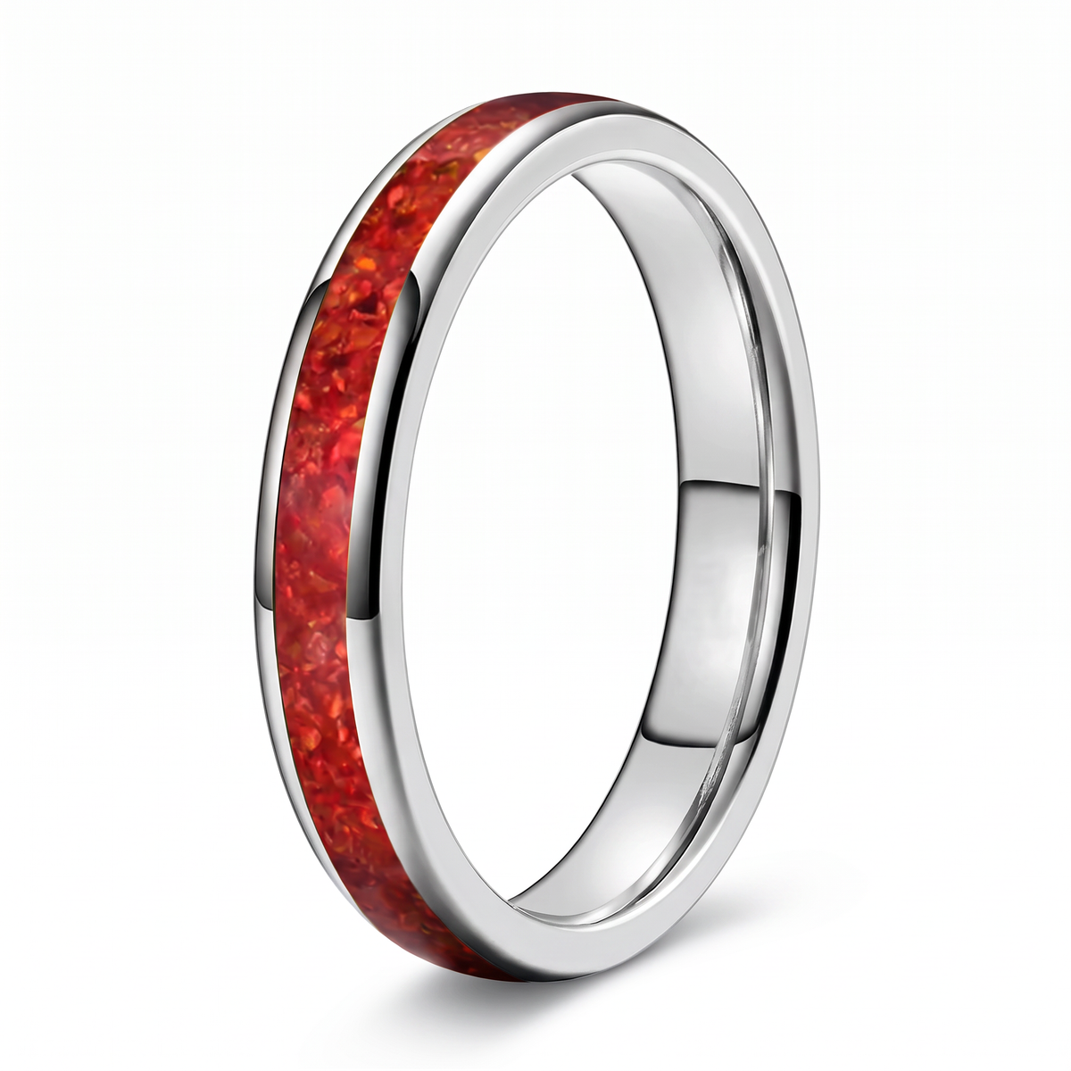 The Cinder silver color tungsten ring with a red opal inlay, on a white background