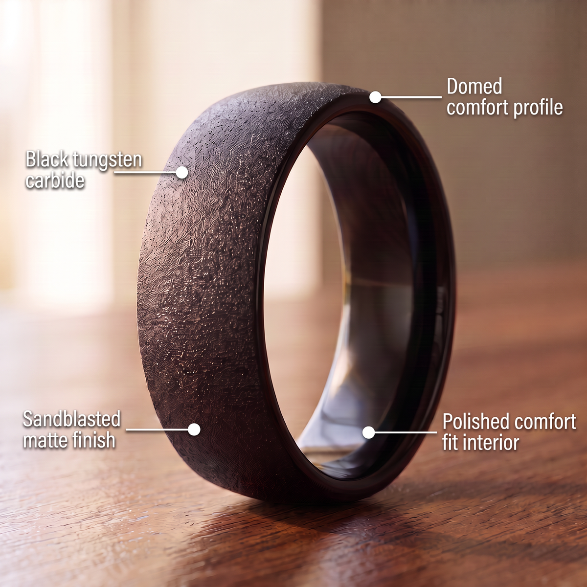 The Basalt ring on a walnut desk with callouts for black tungsten carbide, sandblasted matte finish, domed comfort profile and polished comfort fit interior