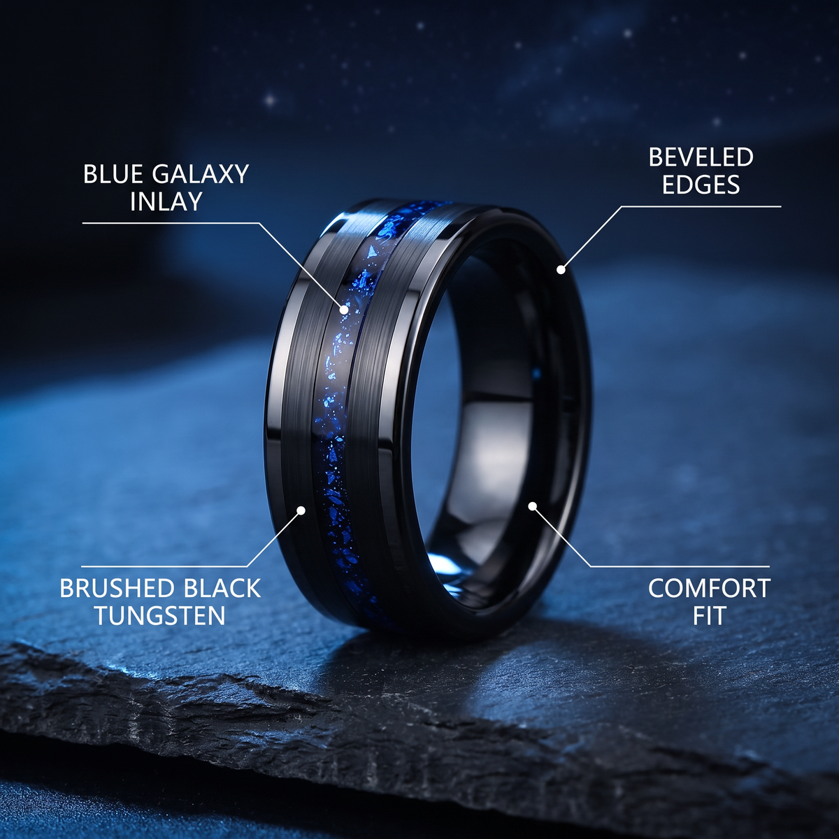 Black tungsten ring on dark slate with callouts for blue galaxy inlay, brushed finish, beveled edges and comfort fit