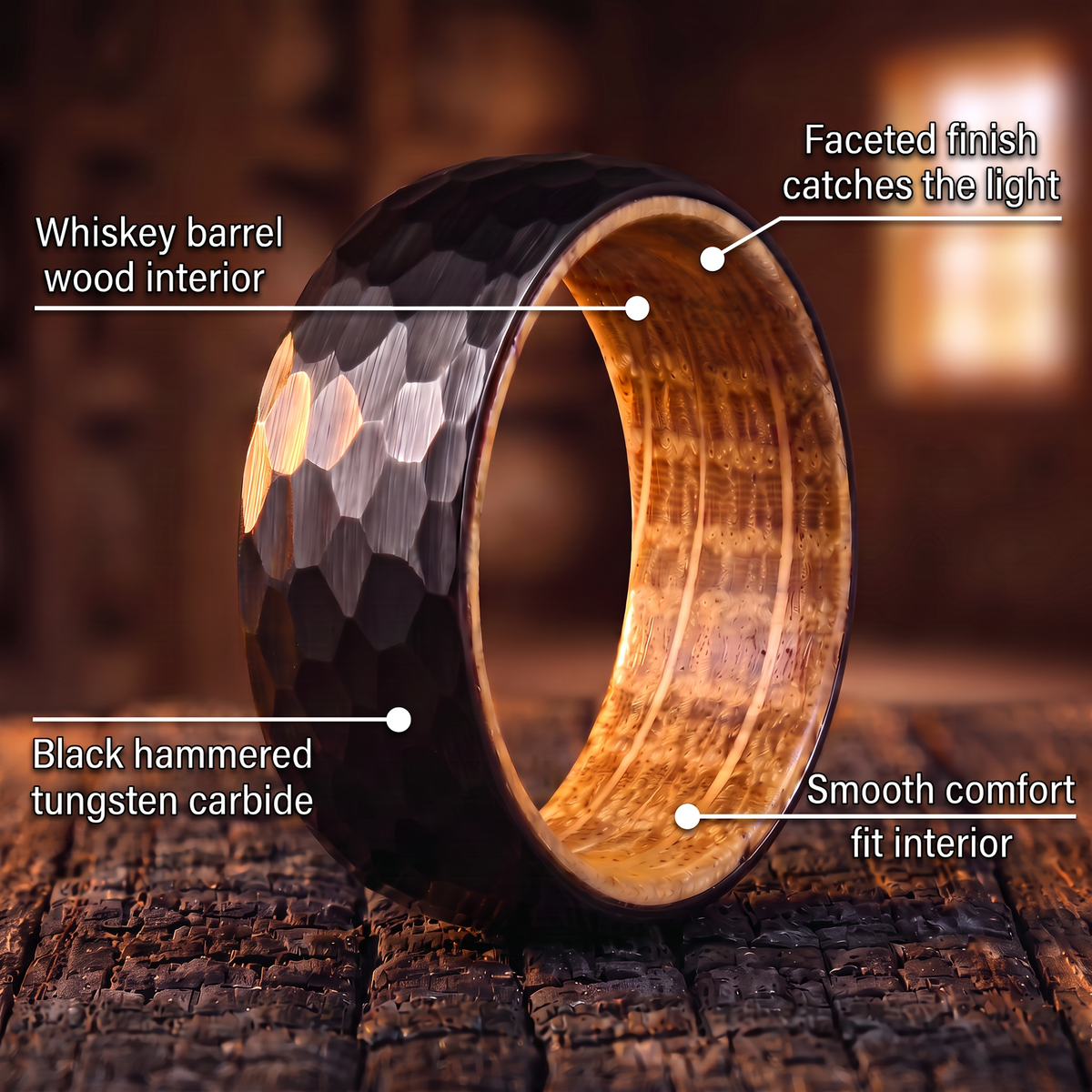The Cask black hammered tungsten ring with feature callouts